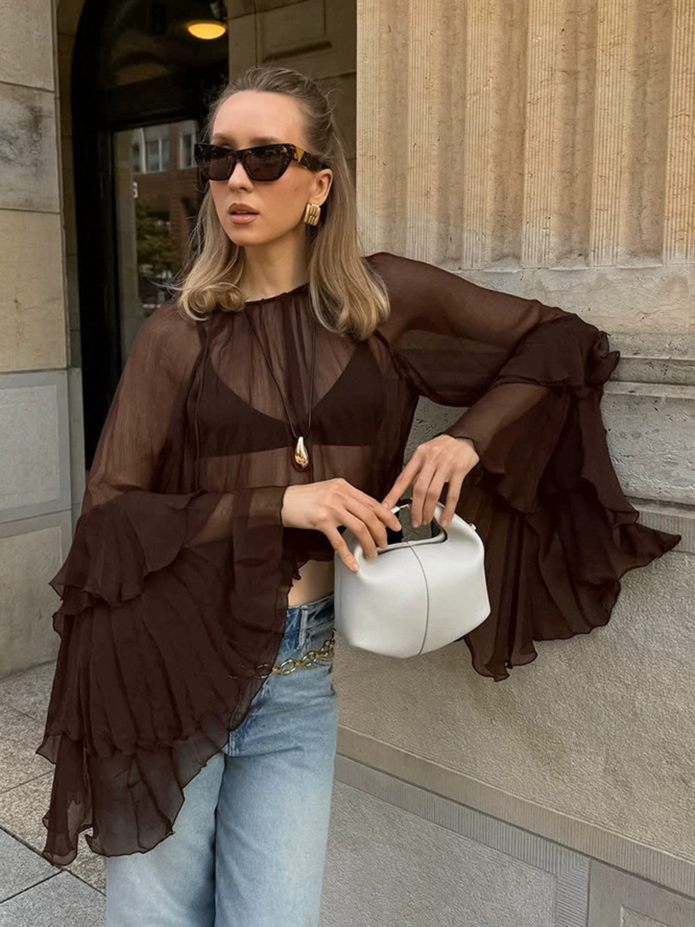 Zara Spring Ruffle Sleeve Round Neck Soft Loose Chiffon Blouse
